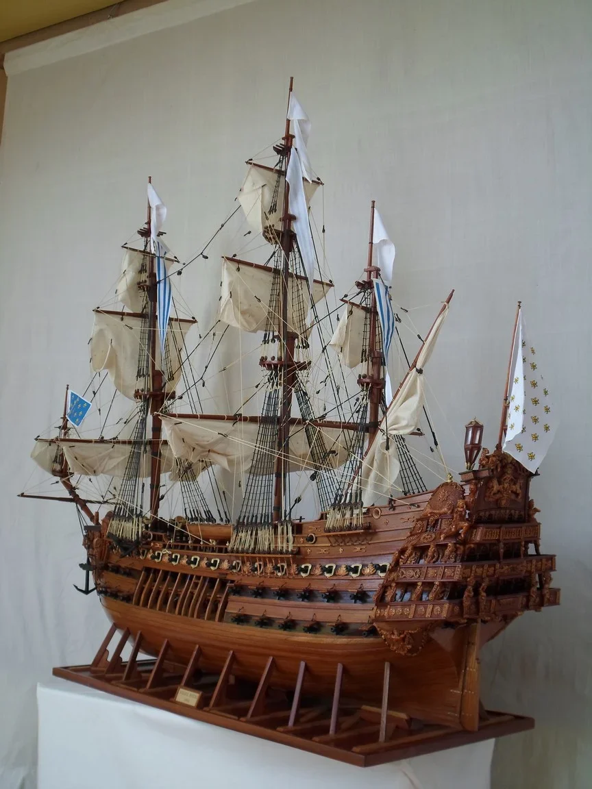 Large handcrafted 1m 60cm wooden Soleil Royal ship model replica with cutaway hull revealing interior decks