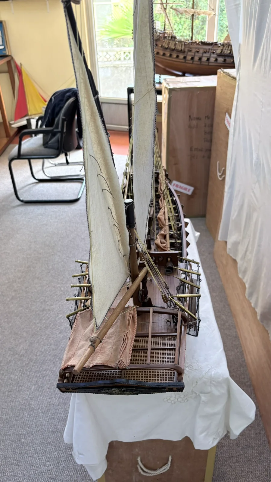 Handcrafted 1m 45cm wooden Chebec ship model replica with lateen sails and detailed deck