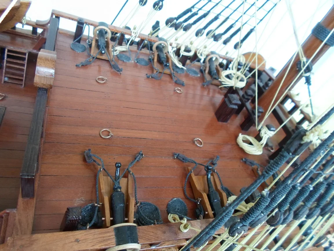 Large handcrafted 1m 60cm wooden Soleil Royal ship model replica with cutaway hull revealing interior decks