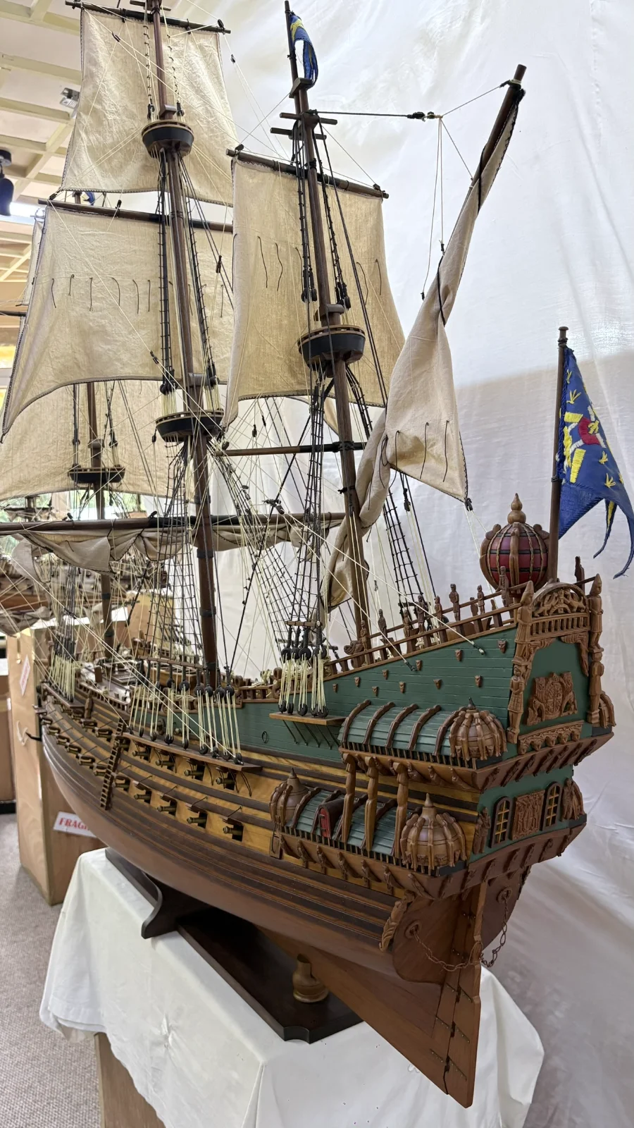 Large handcrafted 1m 40cm wooden Vasa ship model replica with detailed rigging and sails