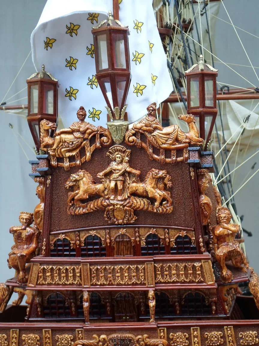 Large handcrafted 1m 60cm wooden Soleil Royal ship model replica with cutaway hull revealing interior decks