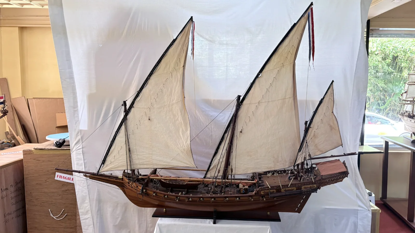 Large 2m 10cm handcrafted wooden Chebec ship model with lateen sails and detailed deck