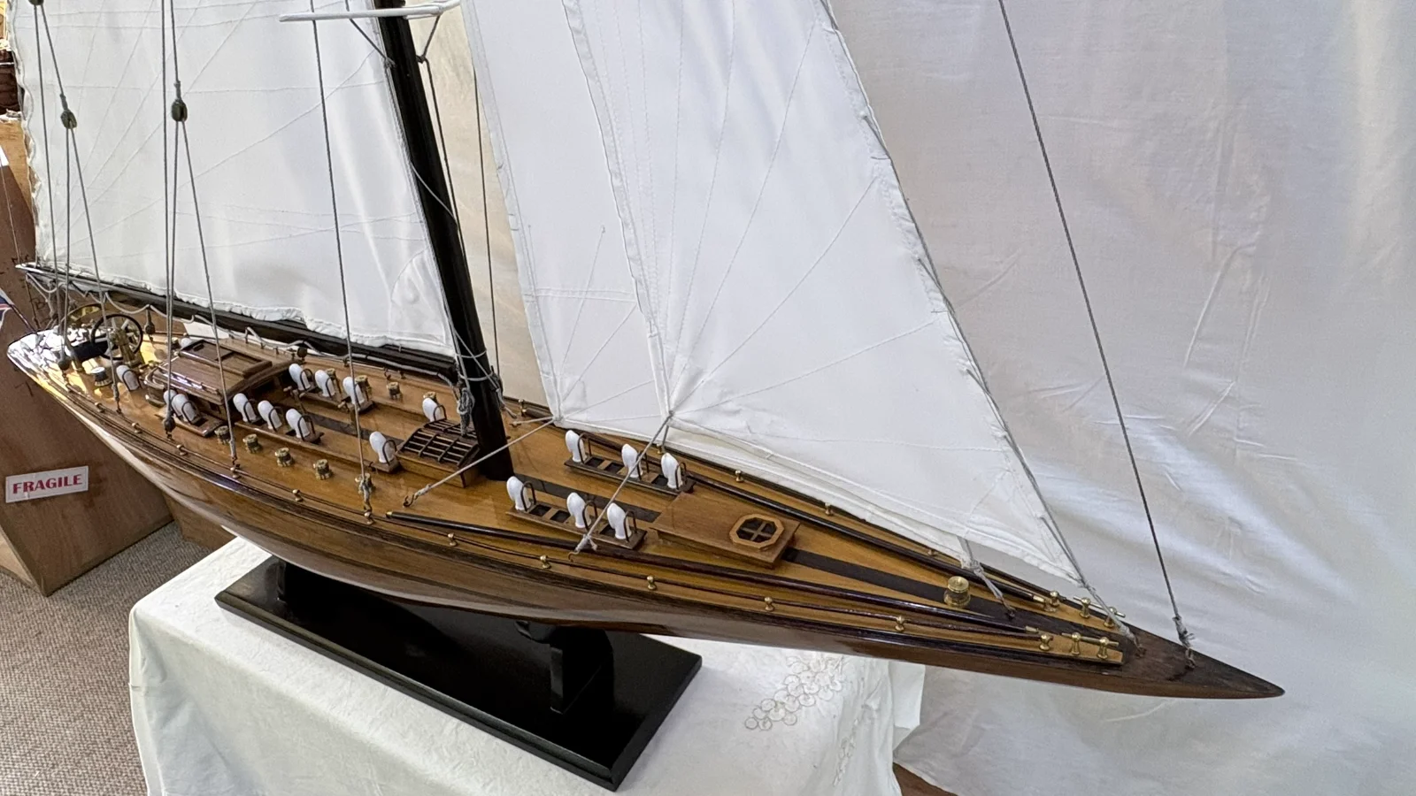 Handcrafted 1m 25cm wooden Yacht Endeavour model replica with tall rigging and sails