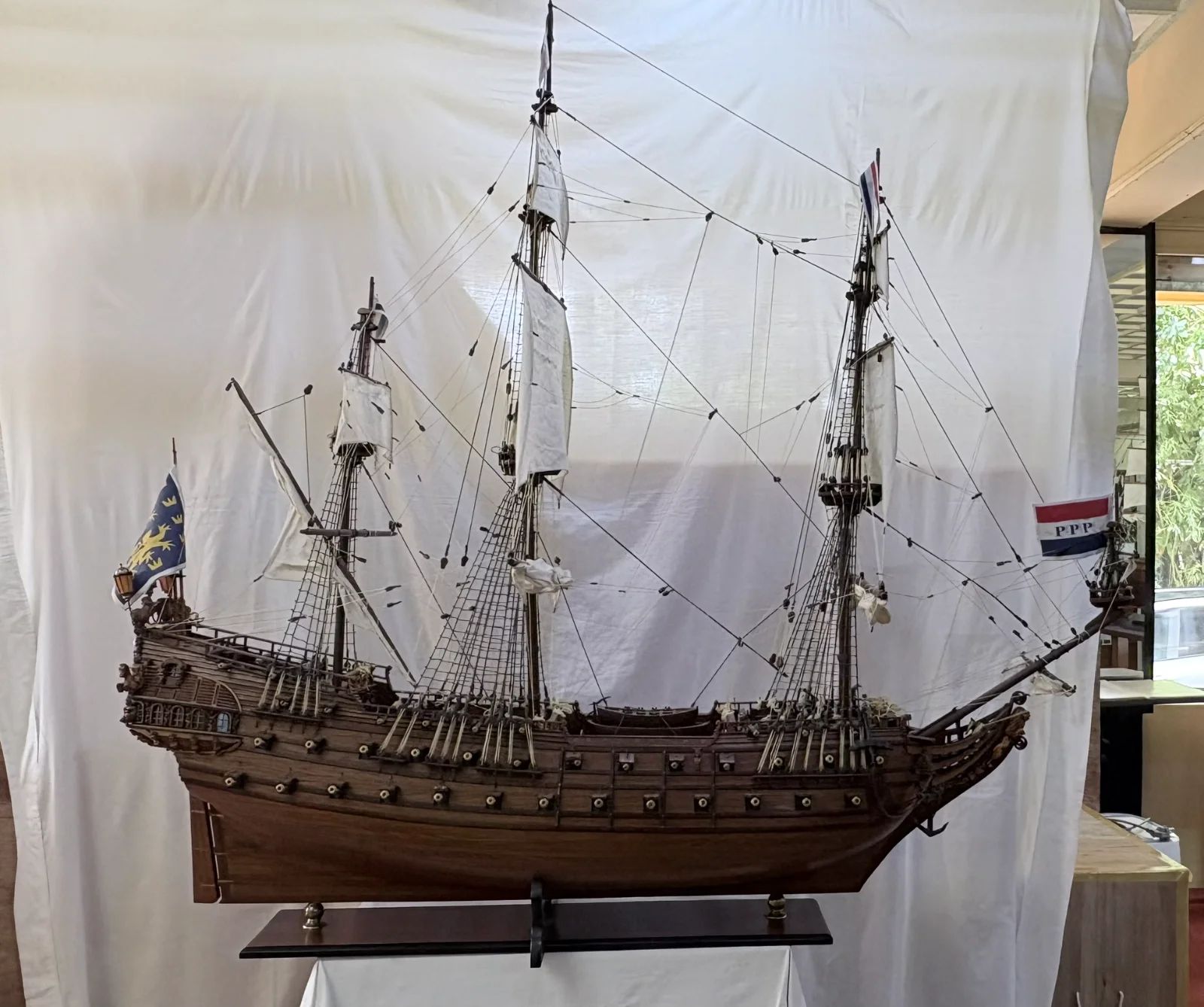 Large handcrafted 1m 66cm wooden Friesland warship model replica with detailed rigging and sails