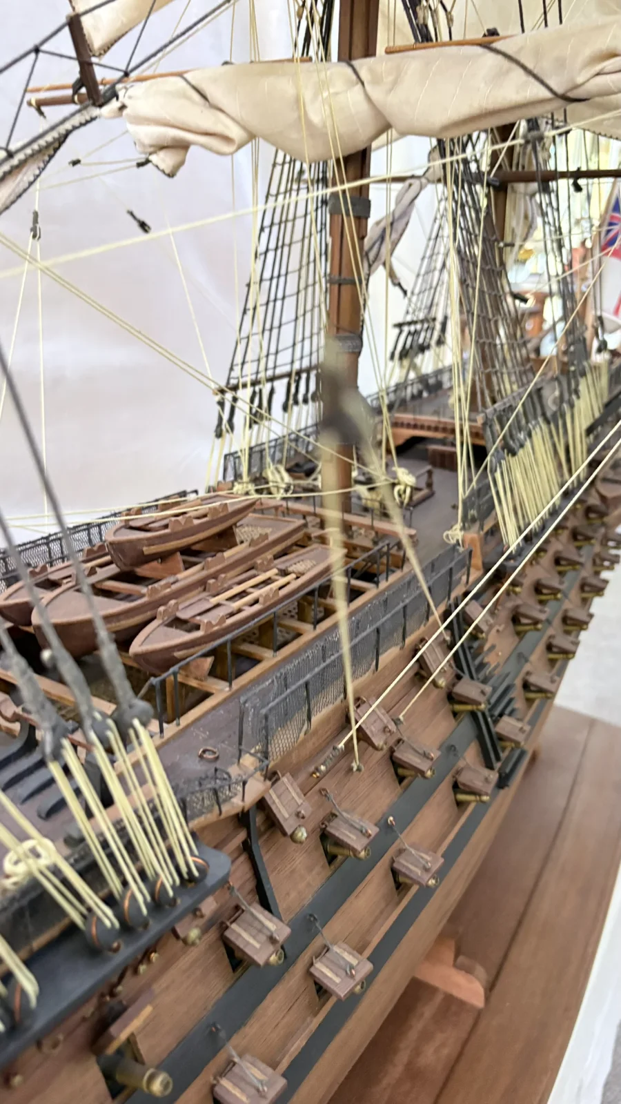 Large handcrafted 1m 50cm rosewood HMS Victory ship model replica with detailed rigging and sails