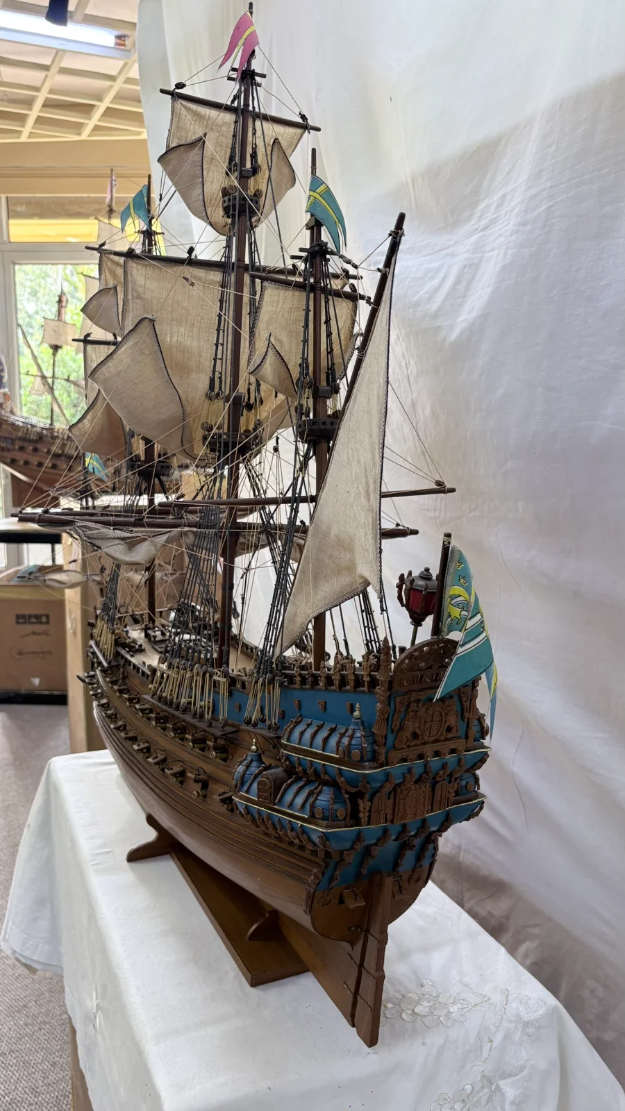 Handcrafted 1m 10cm wooden Vasa ship model replica with detailed rigging and sails