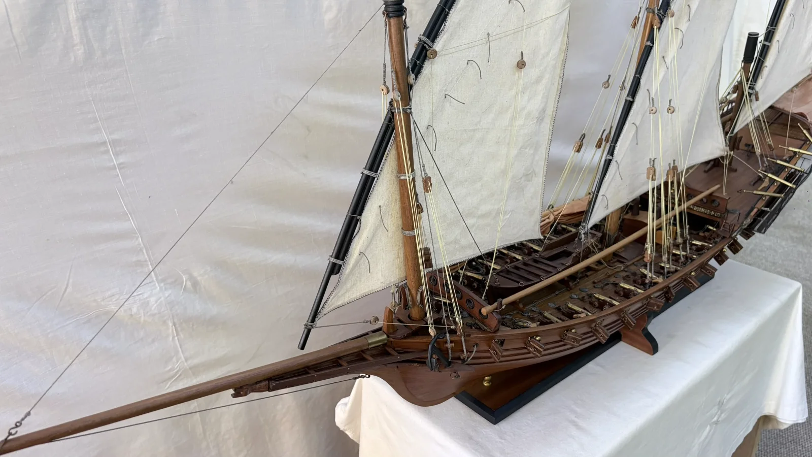 Handcrafted 1m 45cm wooden Chebec ship model replica with lateen sails and detailed deck