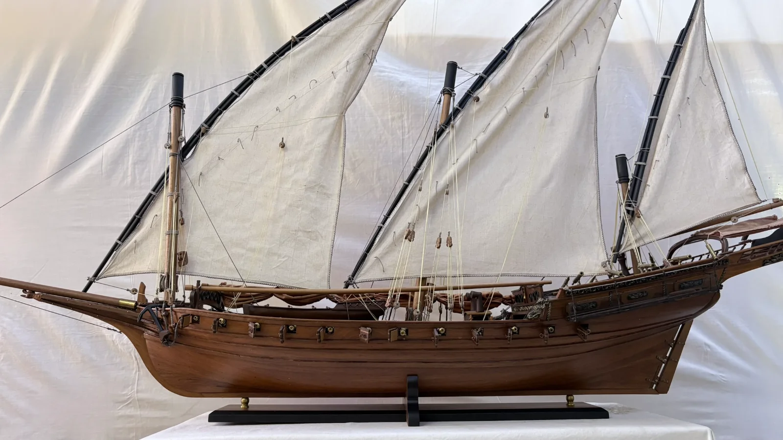 Handcrafted 1m 45cm wooden Chebec ship model replica with lateen sails and detailed deck