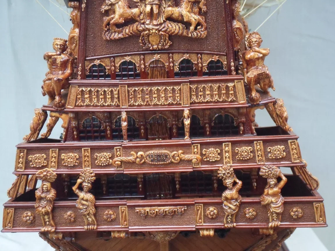 Large handcrafted 1m 60cm wooden Soleil Royal ship model replica with cutaway hull revealing interior decks