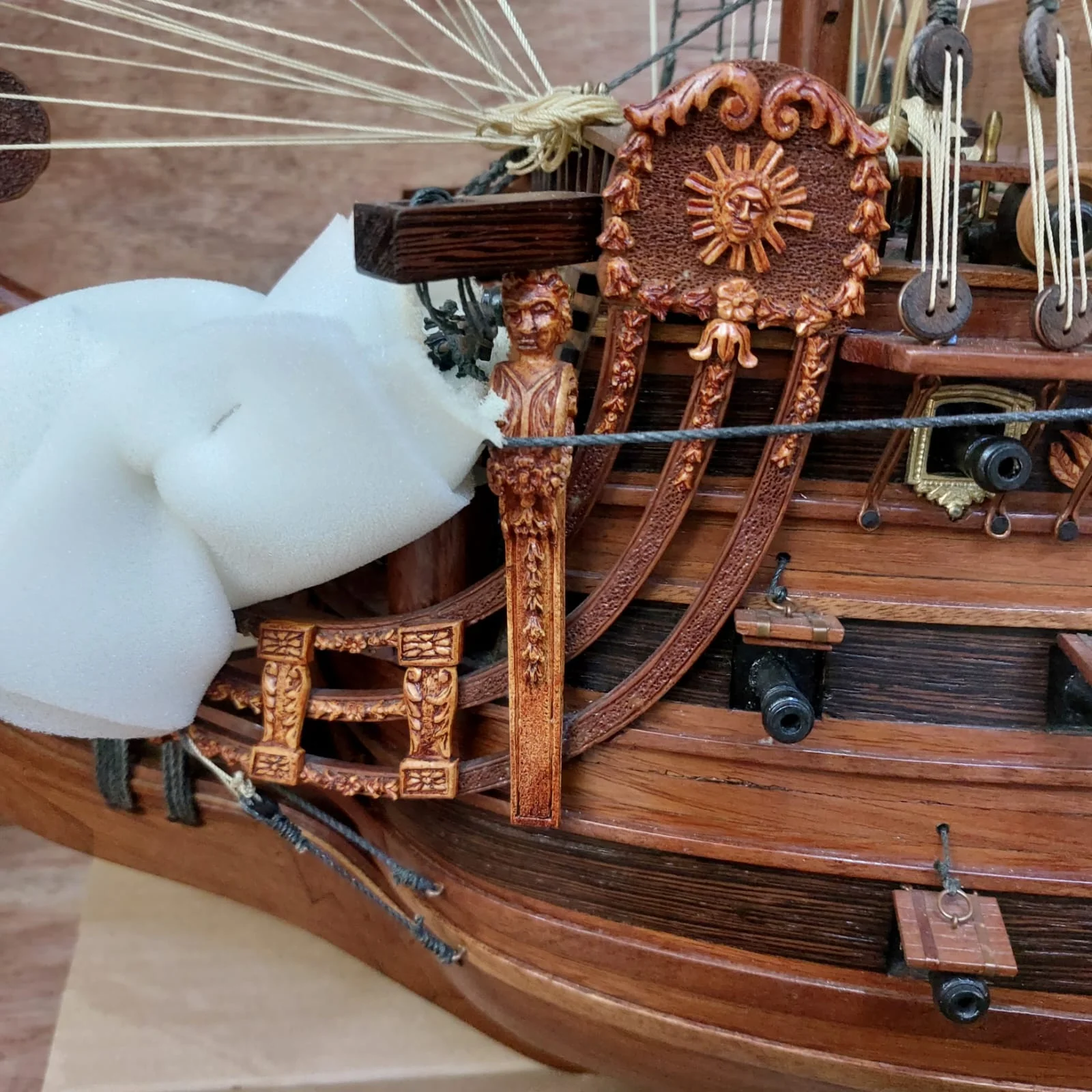 Large handcrafted 1m 60cm wooden Soleil Royal ship model replica with cutaway hull revealing interior decks