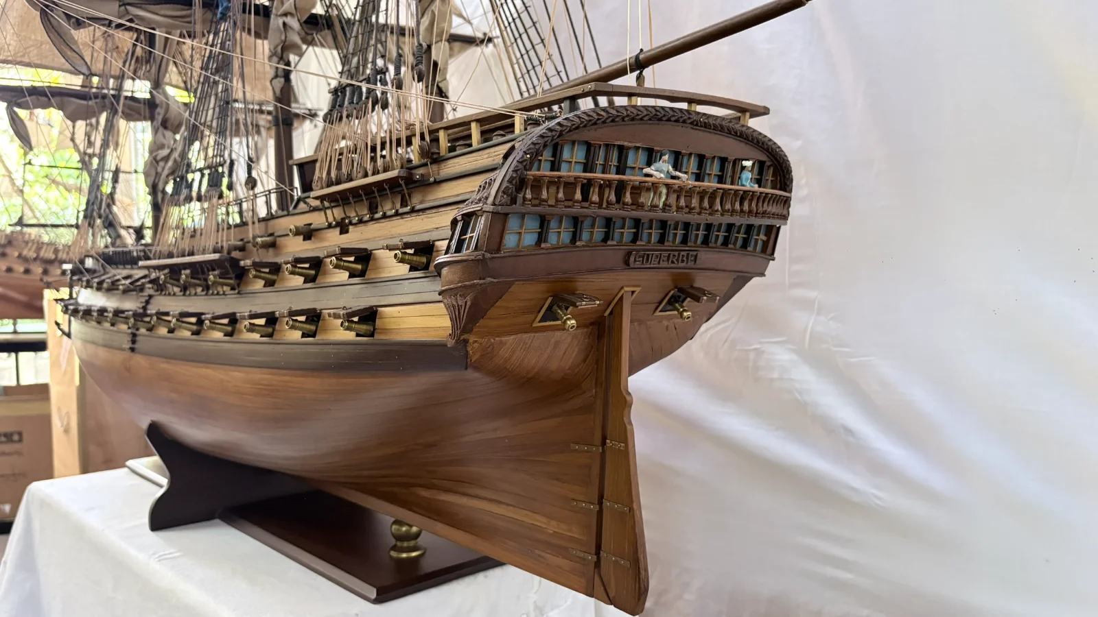 Large handcrafted 1m 70cm wooden Le Superbe warship model replica with detailed rigging and sails