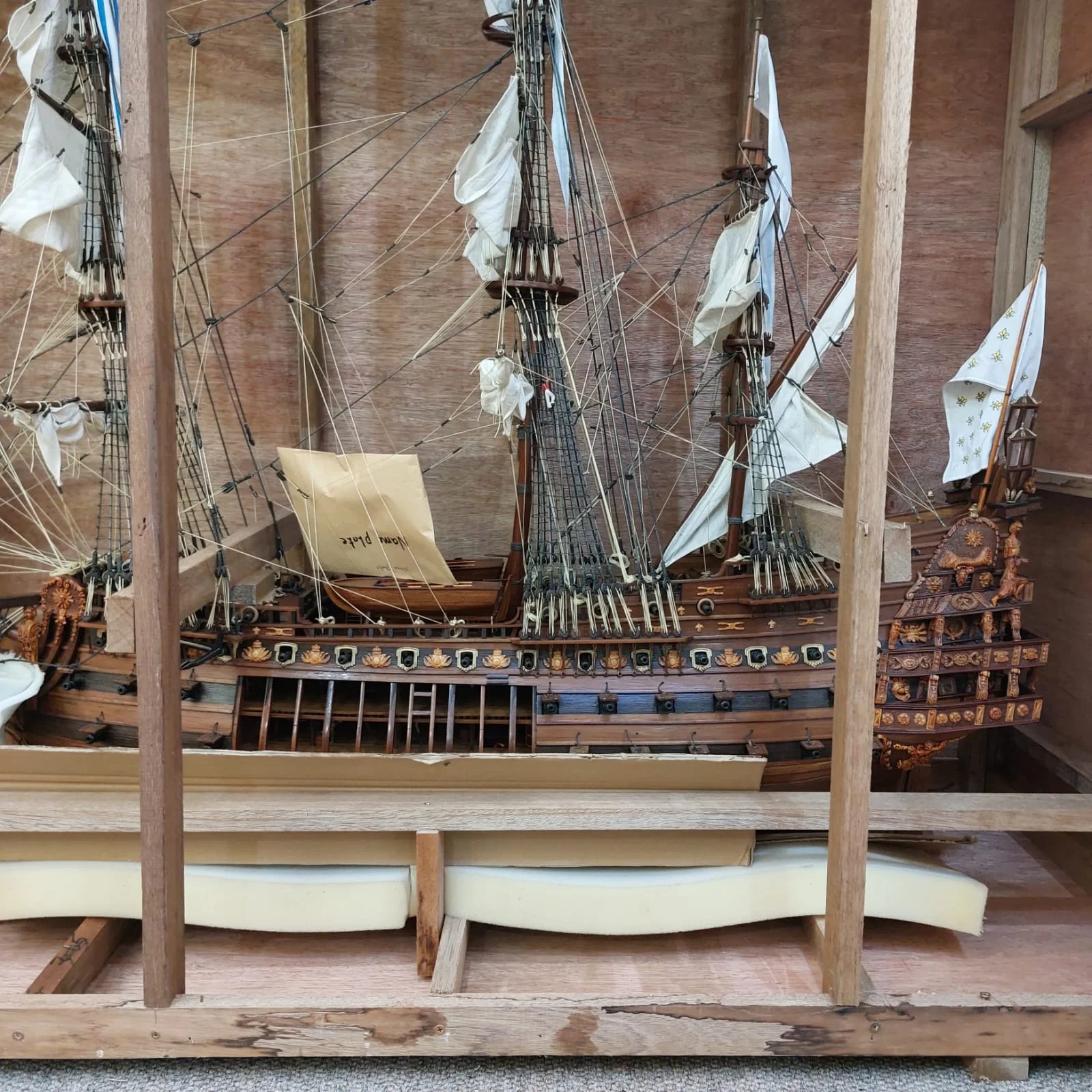 Large handcrafted 1m 60cm wooden Soleil Royal ship model replica with cutaway hull revealing interior decks