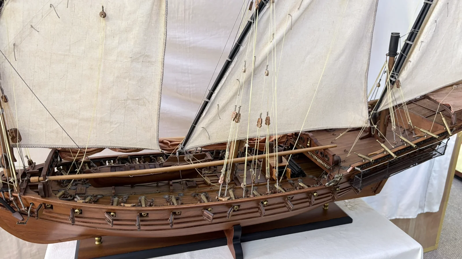 Handcrafted 1m 45cm wooden Chebec ship model replica with lateen sails and detailed deck