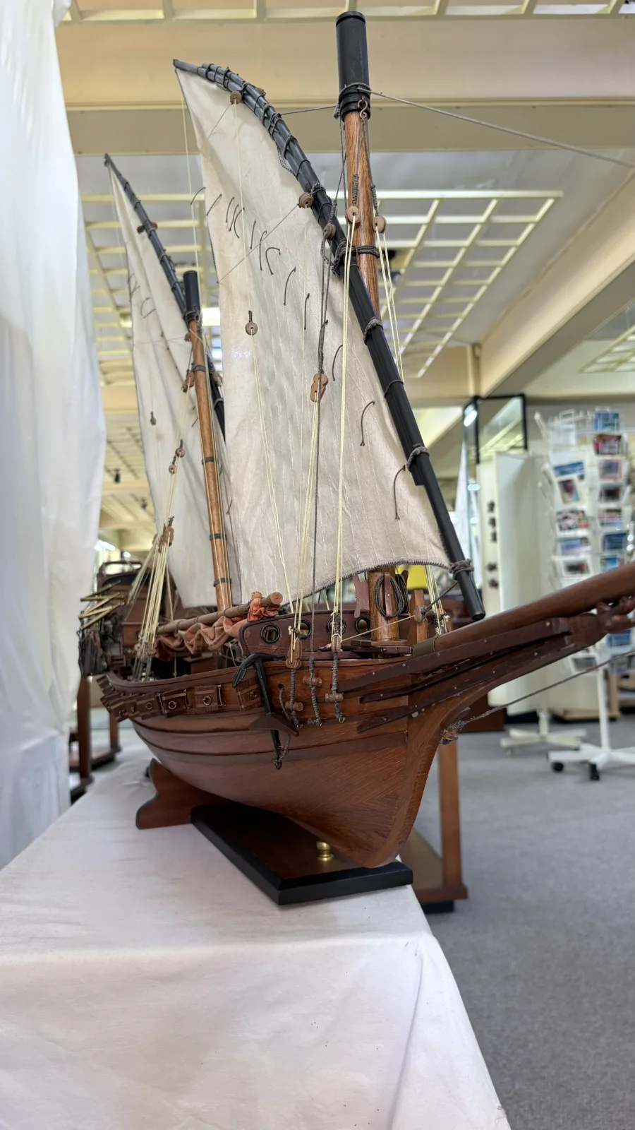 Handcrafted 1m 45cm wooden Chebec ship model replica with lateen sails and detailed deck