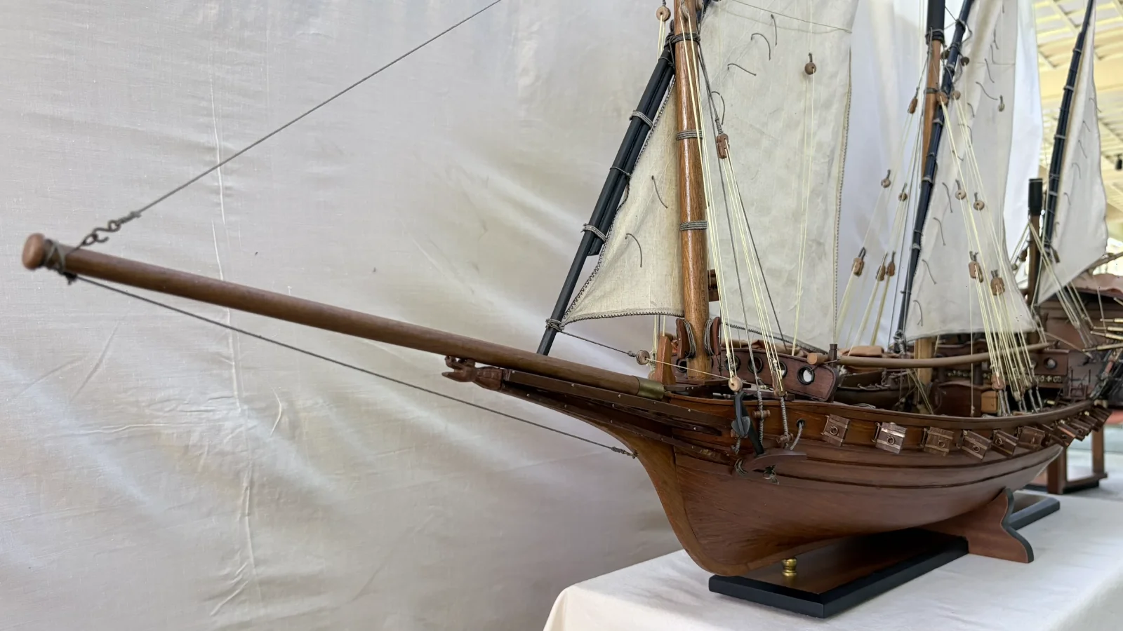 Handcrafted 1m 45cm wooden Chebec ship model replica with lateen sails and detailed deck