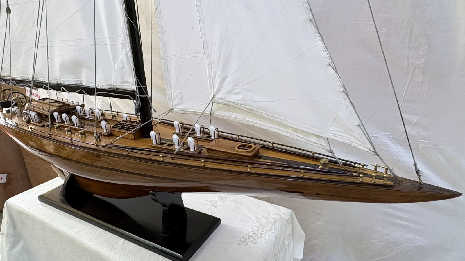 Handcrafted 1m 25cm wooden Yacht Endeavour model replica with tall rigging and sails