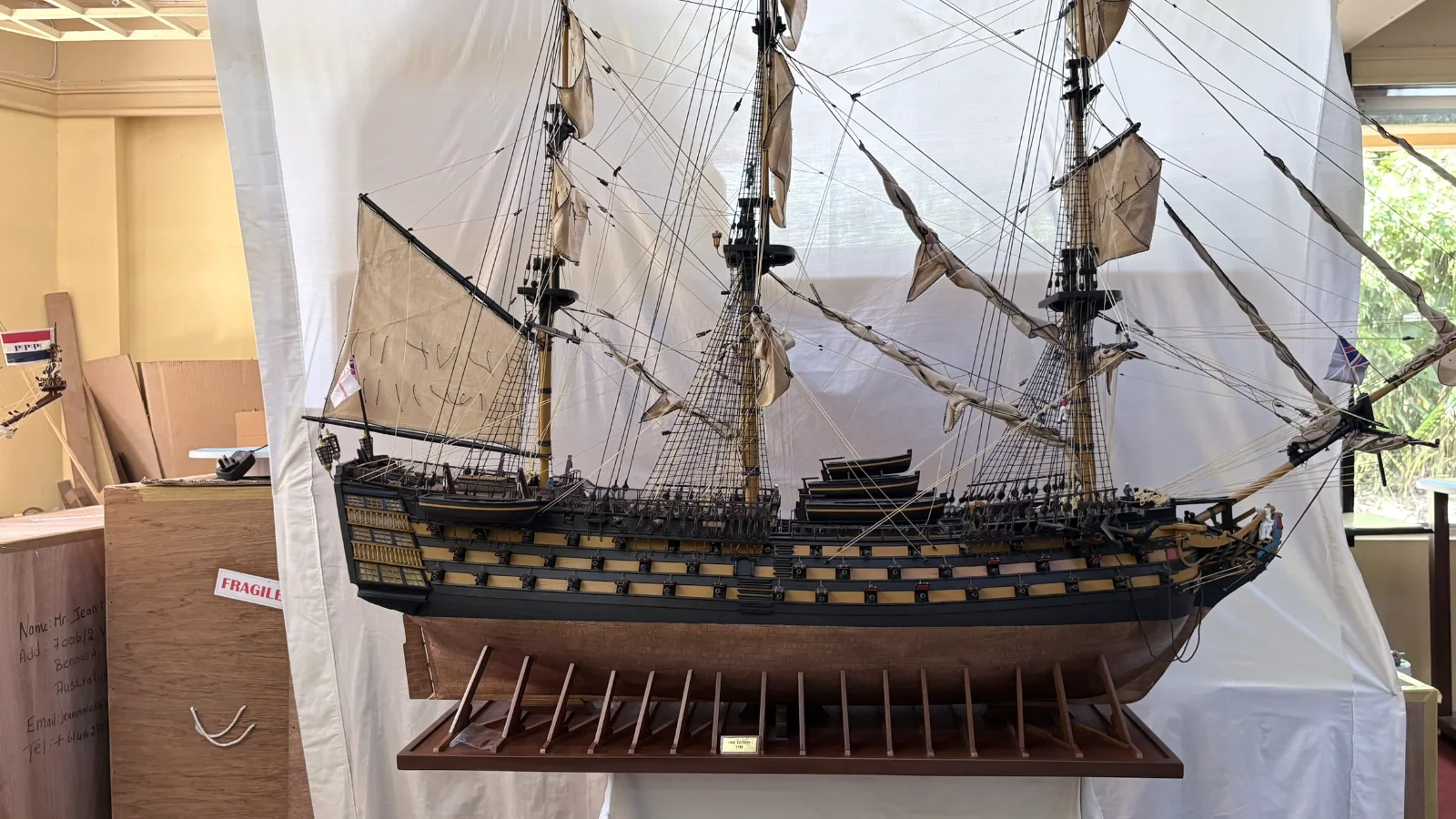Large handcrafted 2m 10cm wooden HMS Victory ship model replica with detailed rigging and sails