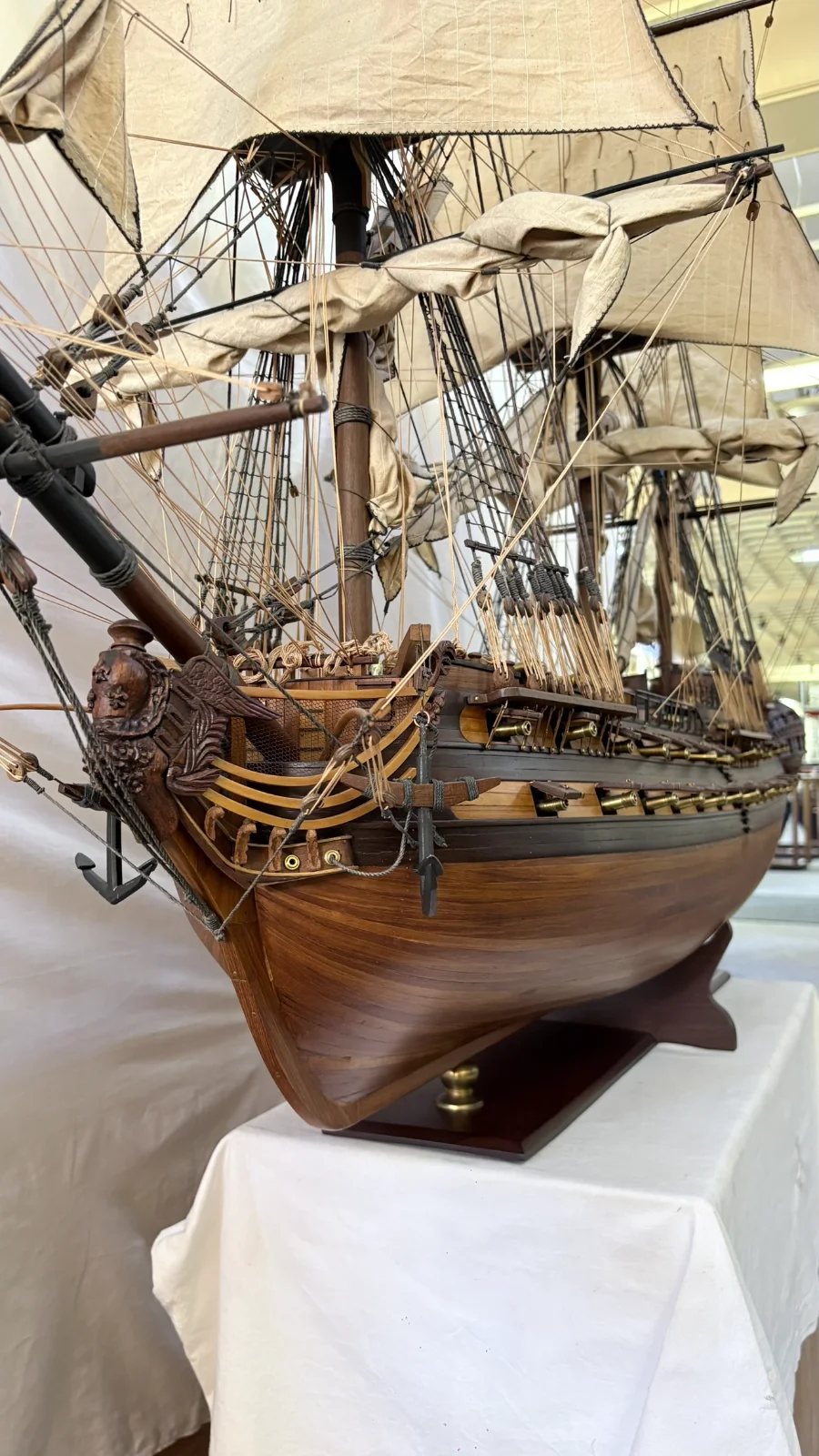Large handcrafted 1m 70cm wooden Le Superbe warship model replica with detailed rigging and sails