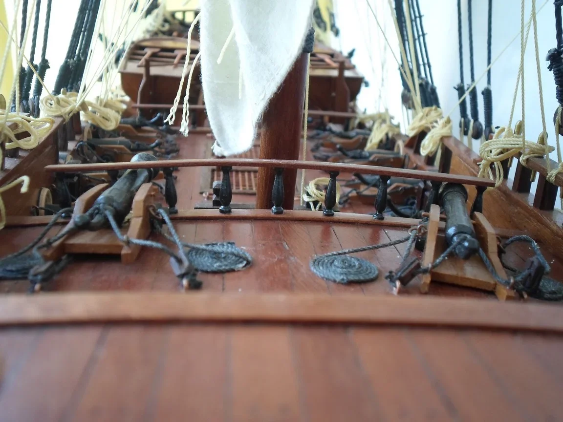 Large handcrafted 1m 60cm wooden Soleil Royal ship model replica with cutaway hull revealing interior decks