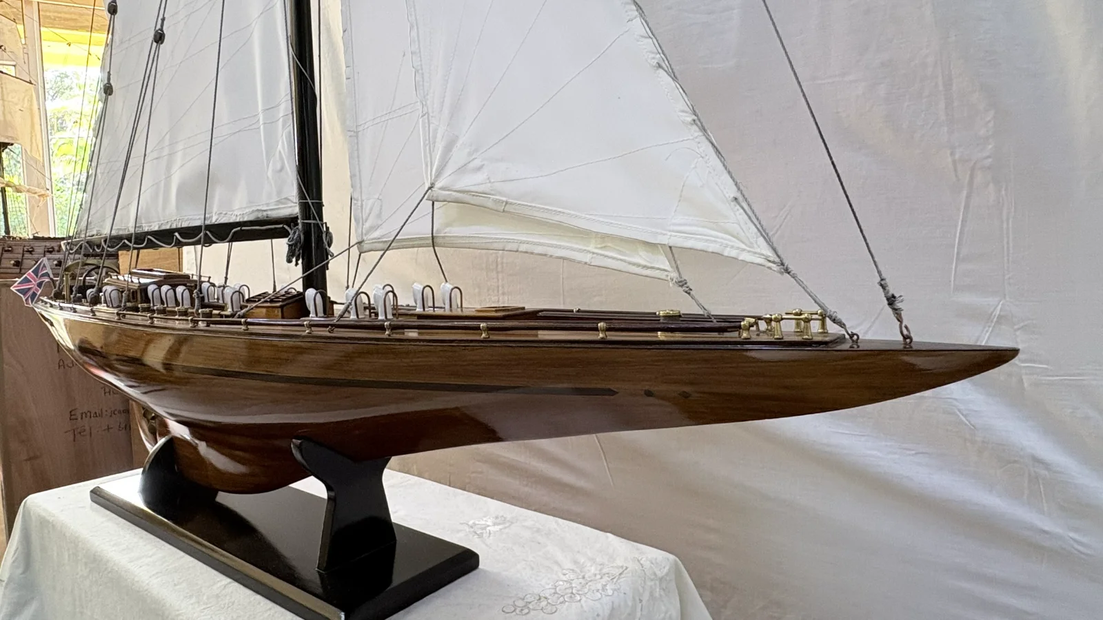 Handcrafted 1m 25cm wooden Yacht Endeavour model replica with tall rigging and sails