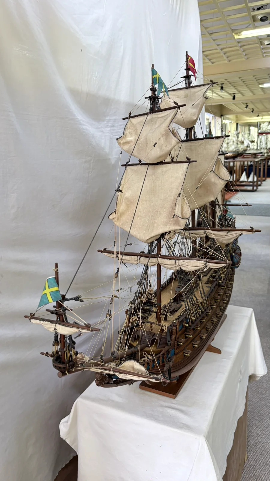 Handcrafted 1m 10cm wooden Vasa ship model replica with detailed rigging and sails