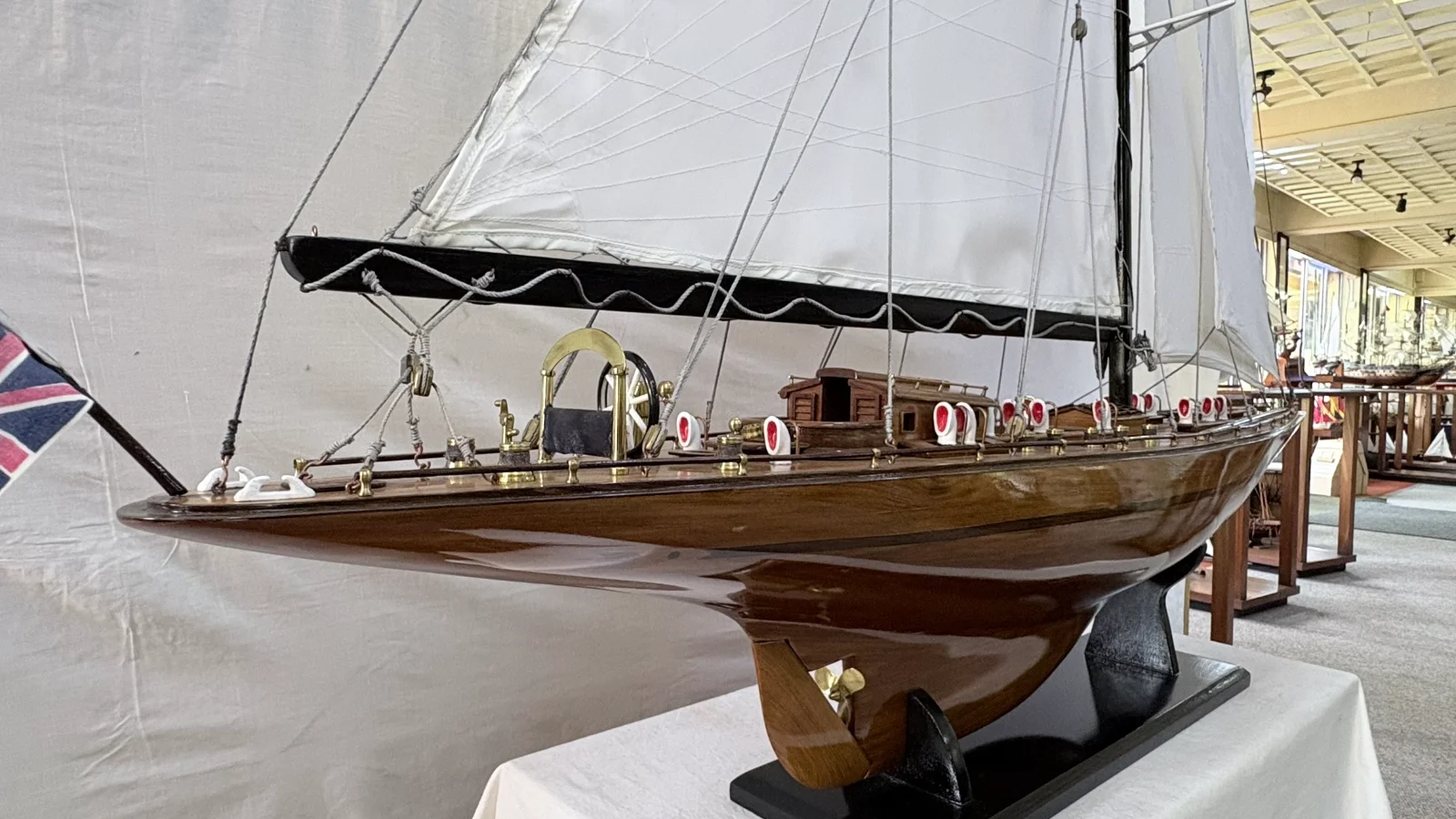 Handcrafted 1m 25cm wooden Yacht Endeavour model replica with tall rigging and sails