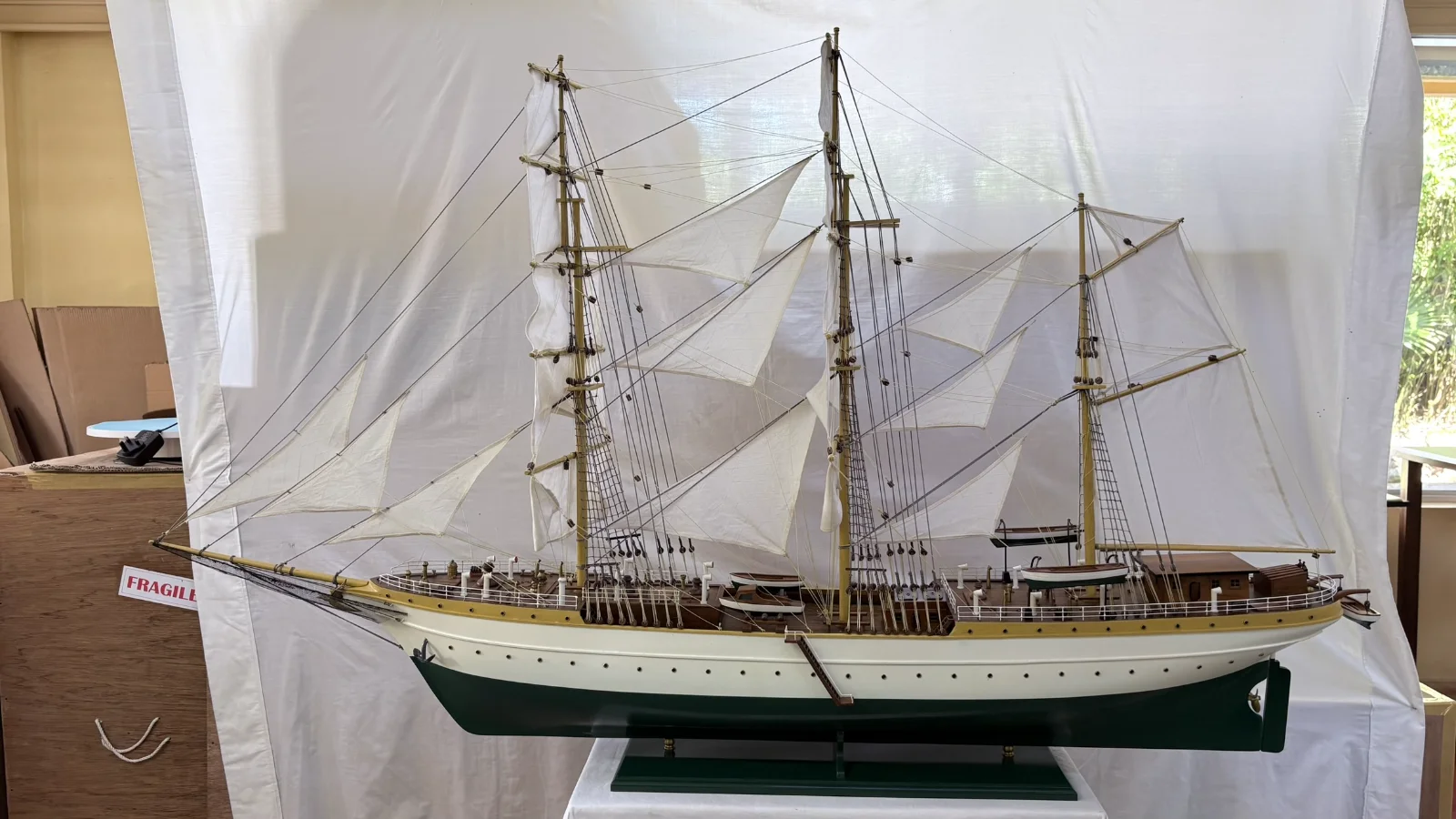 Large handcrafted 1m 78cm wooden Gorch Fock ship model replica with detailed rigging and sails