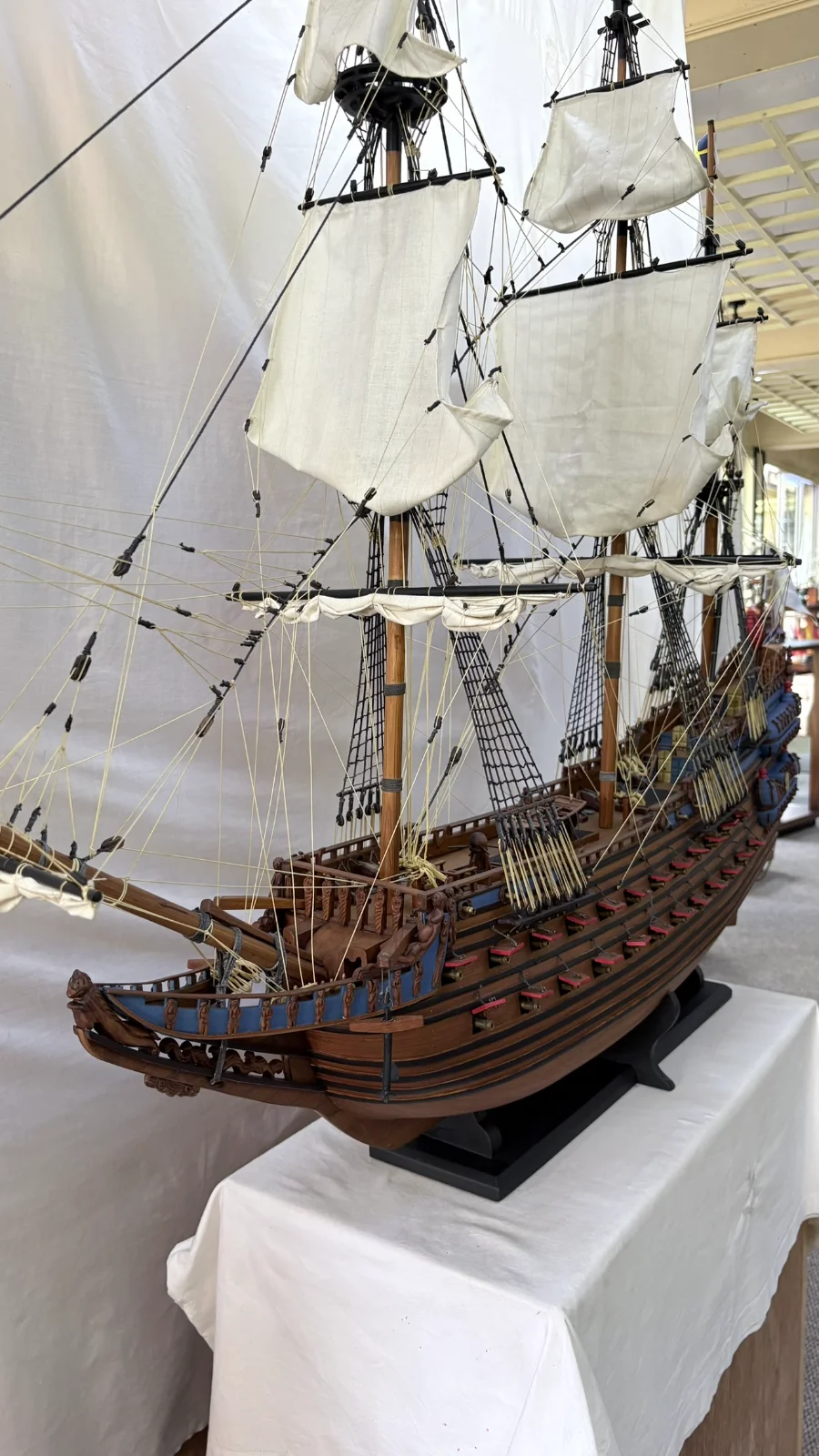 Handcrafted 1m 10cm wooden Vasa ship model replica with detailed rigging and sails