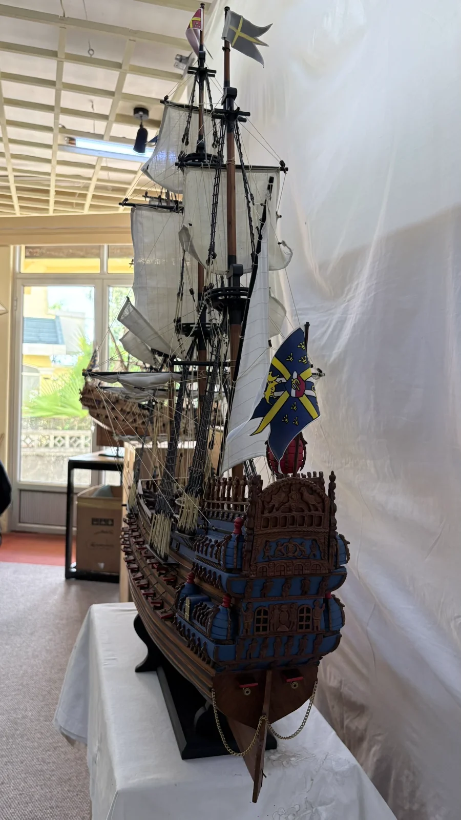 Handcrafted 1m 10cm wooden Vasa ship model replica with detailed rigging and sails