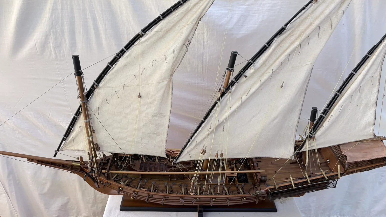 Handcrafted 1m 45cm wooden Chebec ship model replica with lateen sails and detailed deck