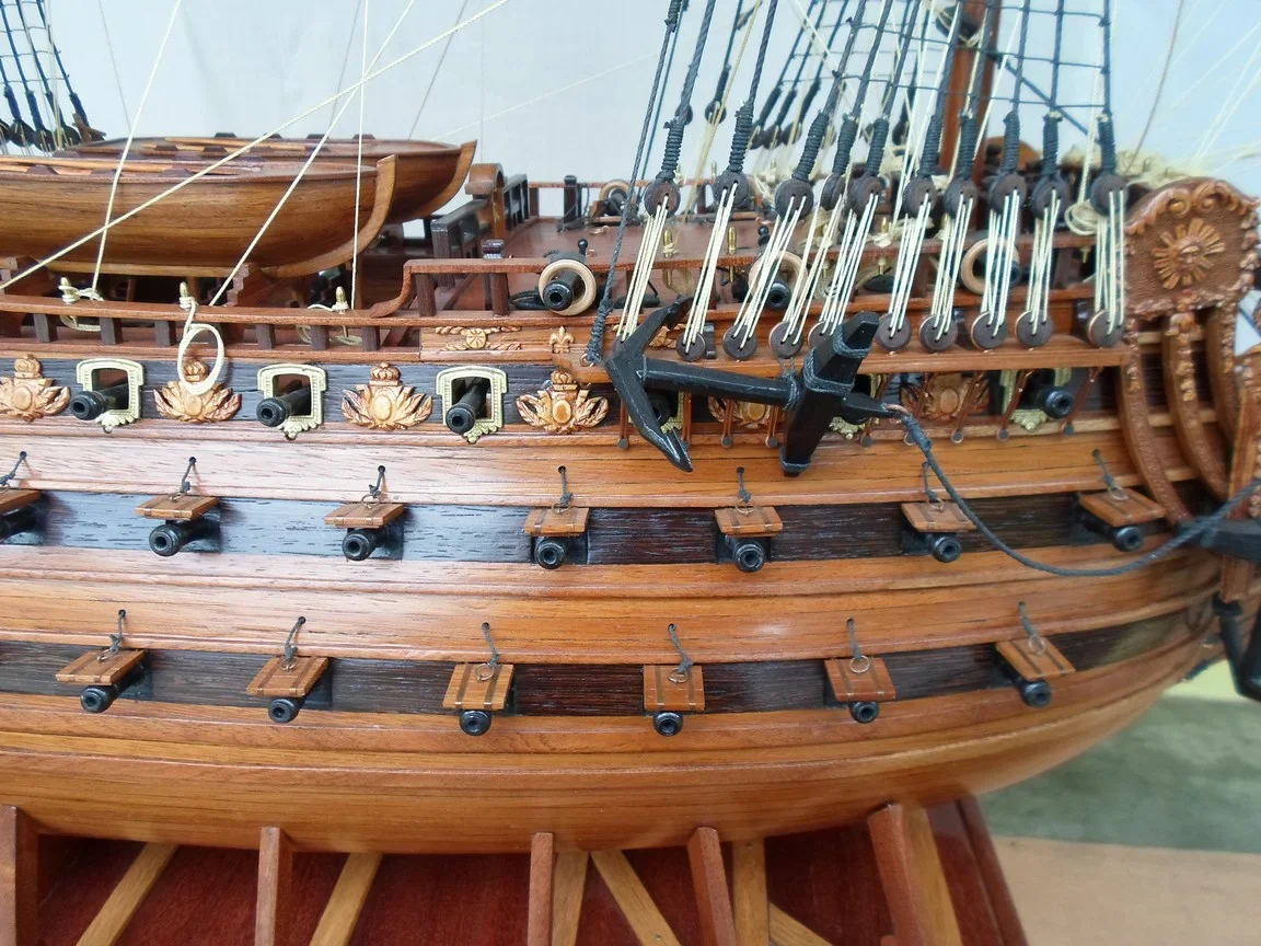 Large handcrafted 1m 60cm wooden Soleil Royal ship model replica with cutaway hull revealing interior decks