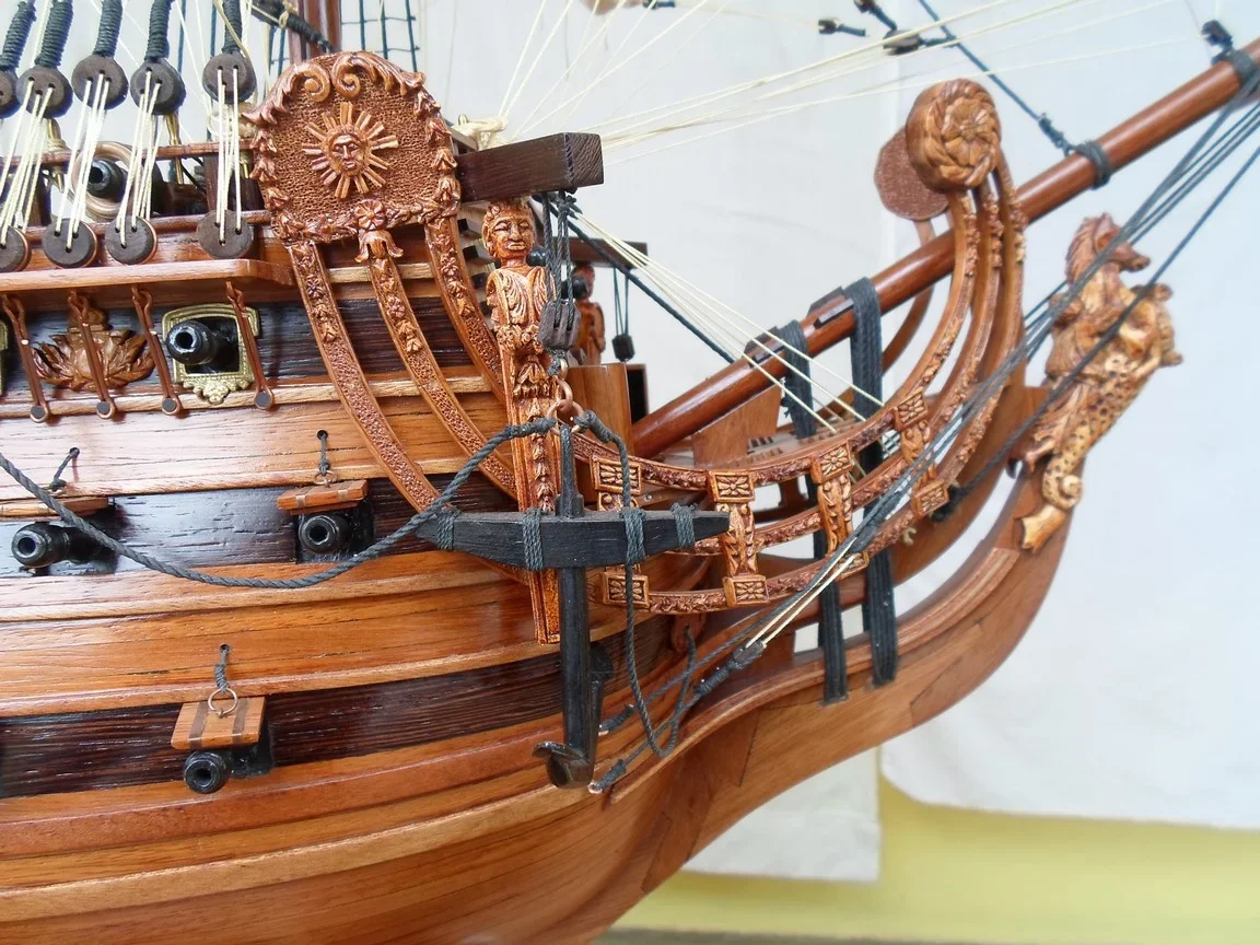 Large handcrafted 1m 60cm wooden Soleil Royal ship model replica with cutaway hull revealing interior decks