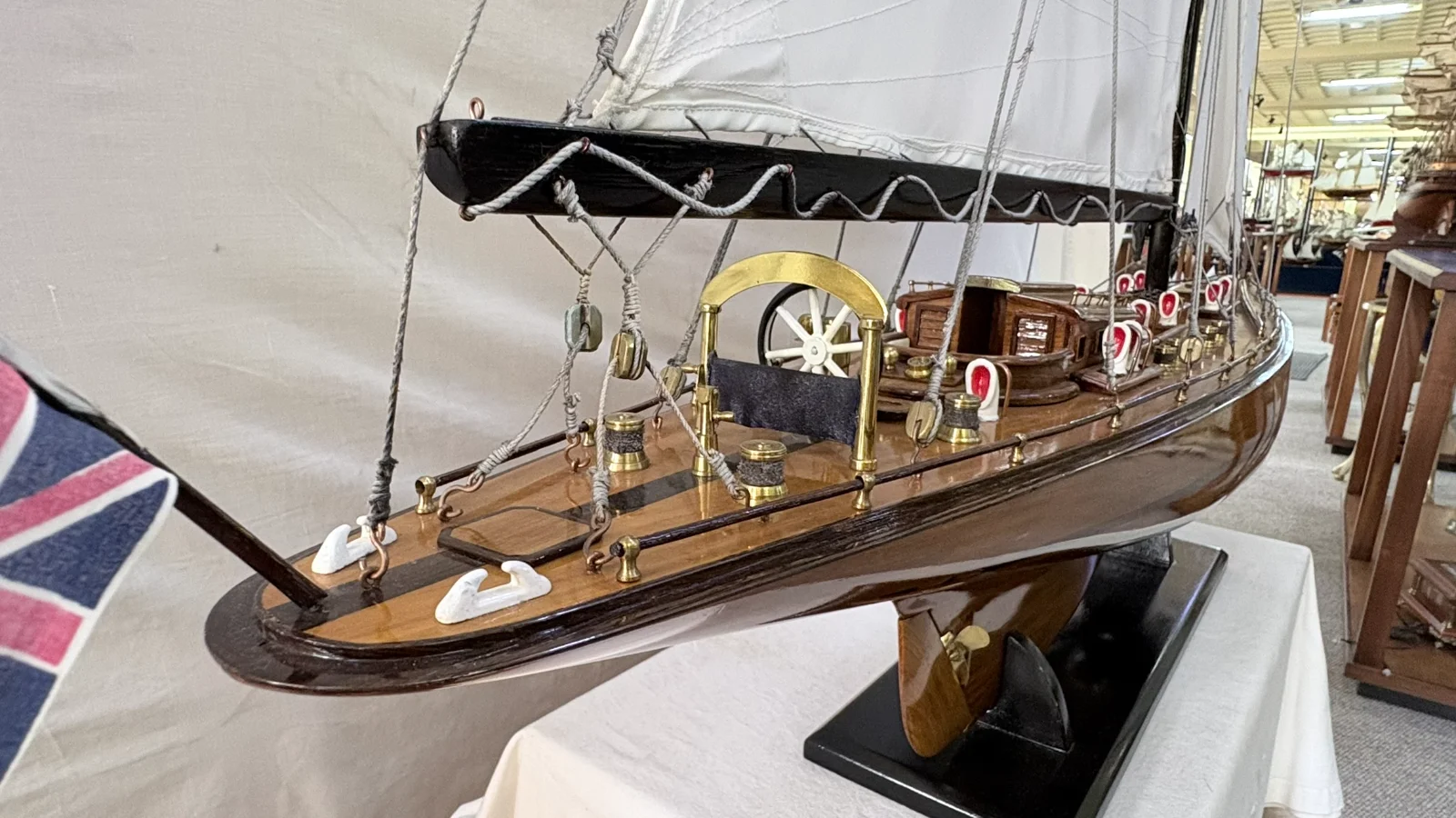 Handcrafted 1m 25cm wooden Yacht Endeavour model replica with tall rigging and sails