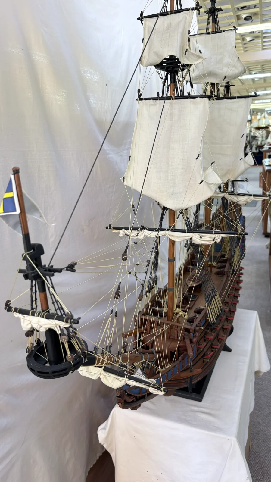Handcrafted 1m 10cm wooden Vasa ship model replica with detailed rigging and sails
