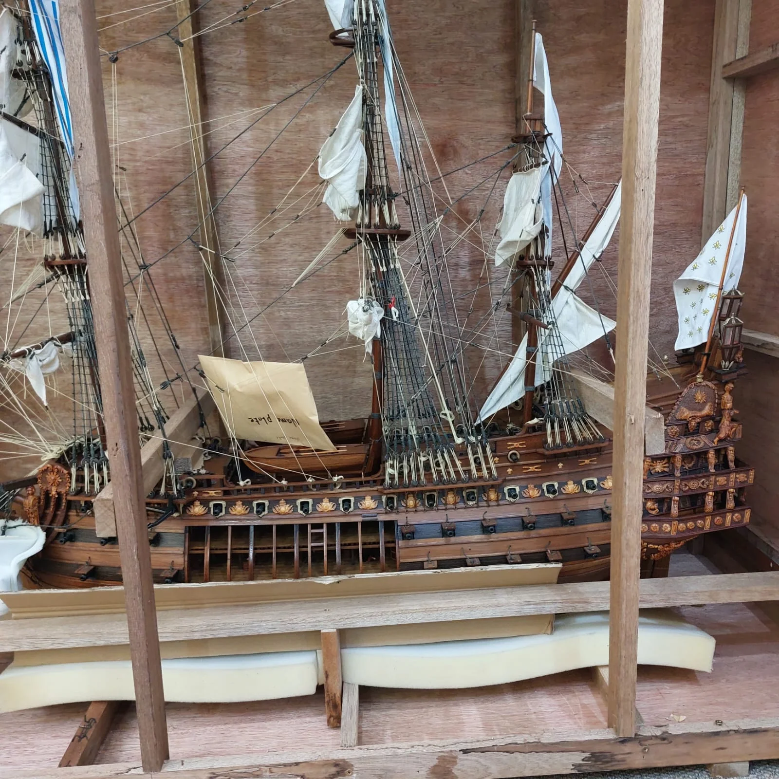 Large handcrafted 1m 60cm wooden Soleil Royal ship model replica with cutaway hull revealing interior decks