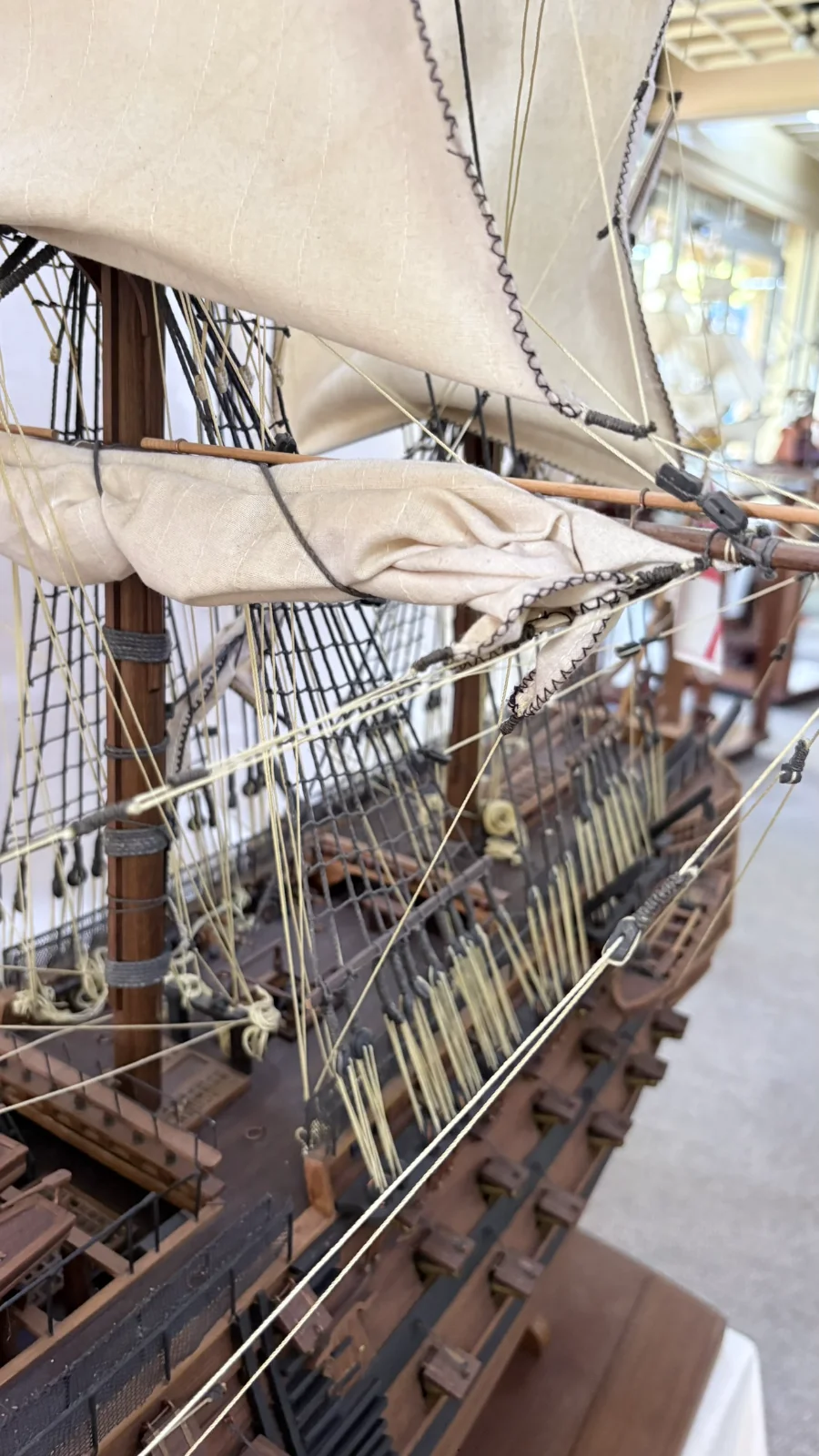 Large handcrafted 1m 50cm rosewood HMS Victory ship model replica with detailed rigging and sails