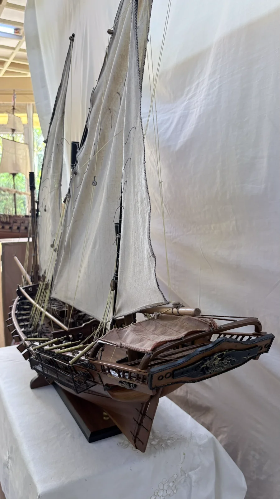 Handcrafted 1m 45cm wooden Chebec ship model replica with lateen sails and detailed deck