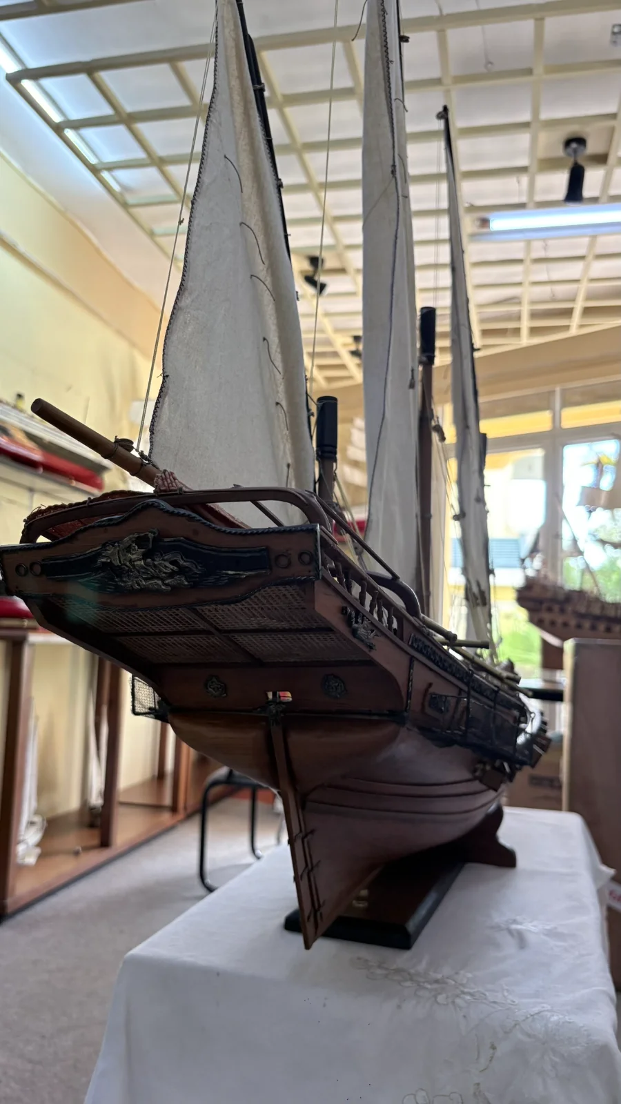 Handcrafted 1m 45cm wooden Chebec ship model replica with lateen sails and detailed deck