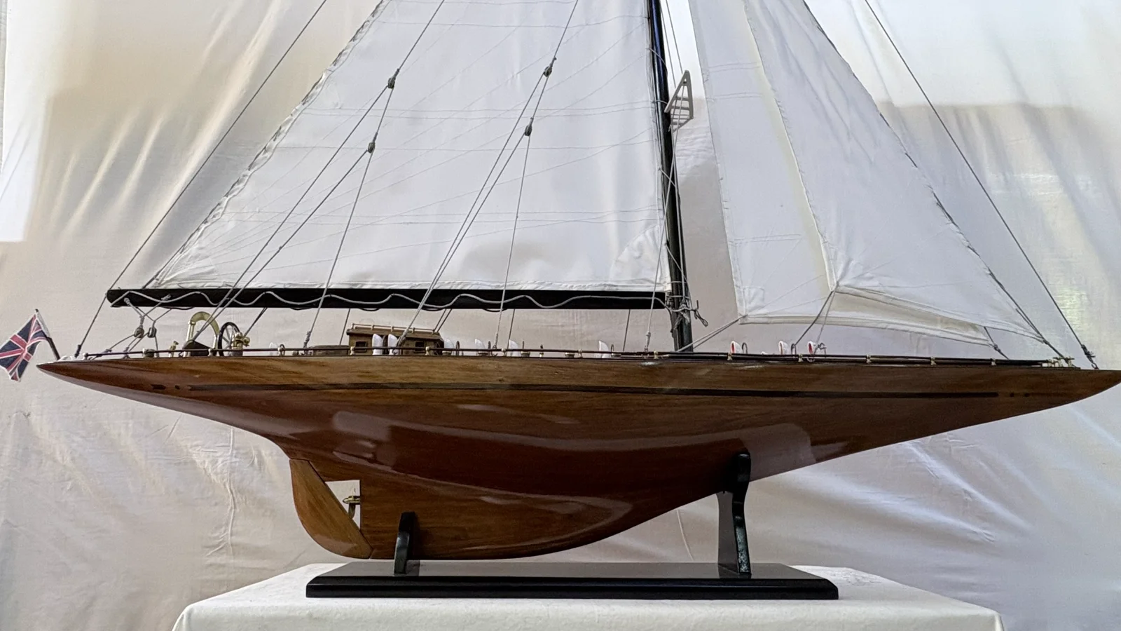 Handcrafted 1m 25cm wooden Yacht Endeavour model replica with tall rigging and sails