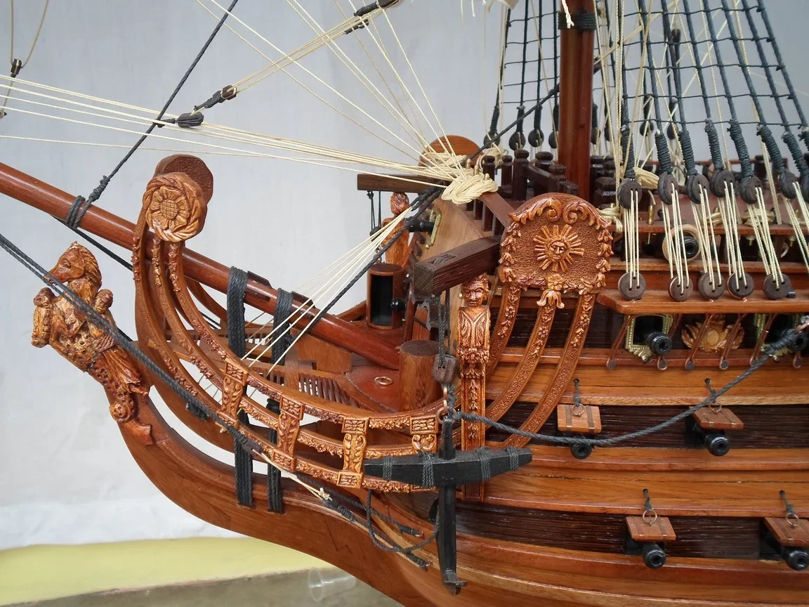 Large handcrafted 1m 60cm wooden Soleil Royal ship model replica with cutaway hull revealing interior decks