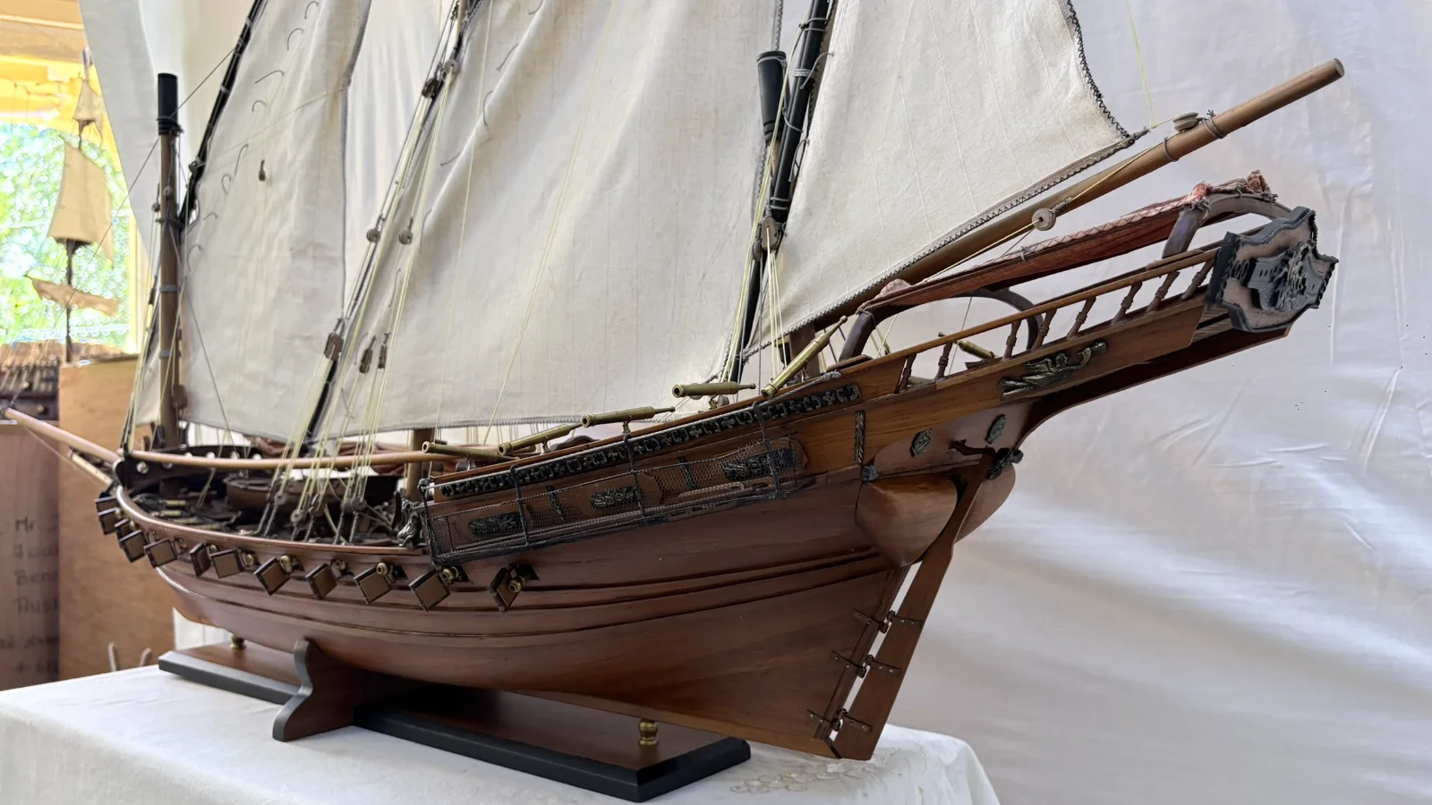 Handcrafted 1m 45cm wooden Chebec ship model replica with lateen sails and detailed deck