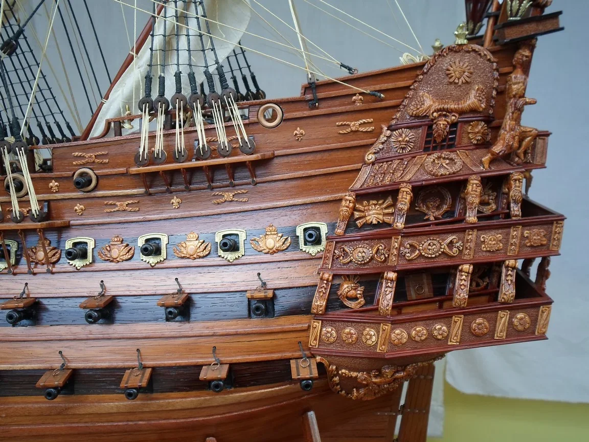 Large handcrafted 1m 60cm wooden Soleil Royal ship model replica with cutaway hull revealing interior decks