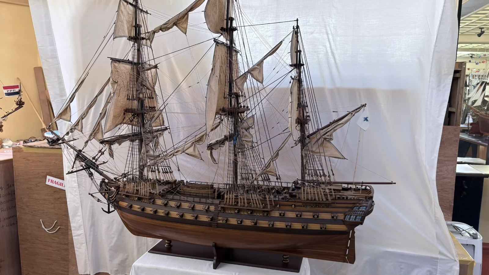 Large handcrafted 1m 70cm wooden Le Superbe warship model replica with detailed rigging and sails