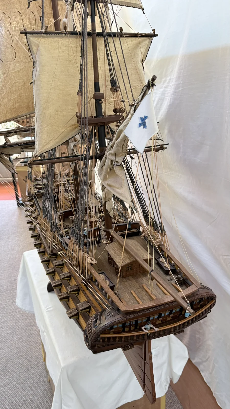 Large handcrafted 1m 70cm wooden Le Superbe warship model replica with detailed rigging and sails