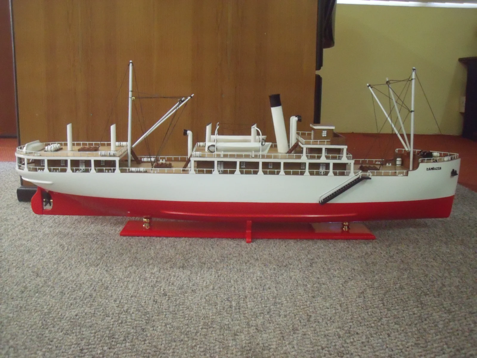 Museum-quality handcrafted wooden historical model ship of the 1949 SS Zambezia cargo passenger liner.
