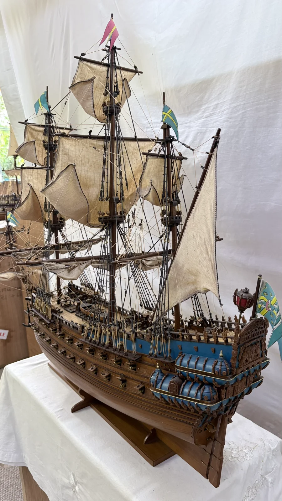 Handcrafted 1m 10cm wooden Vasa ship model replica with detailed rigging and sails