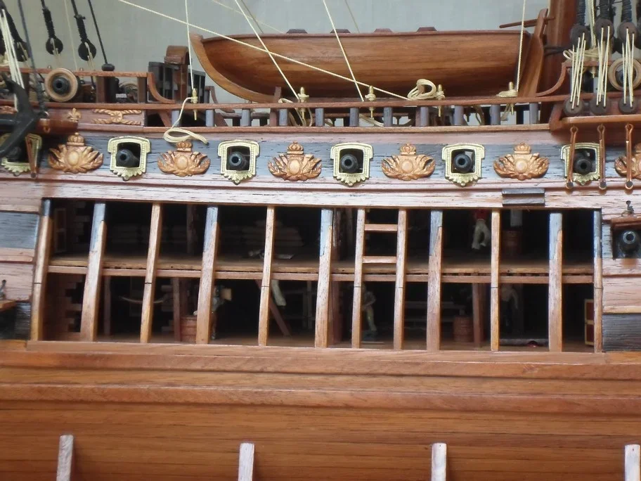 Large handcrafted 1m 60cm wooden Soleil Royal ship model replica with cutaway hull revealing interior decks