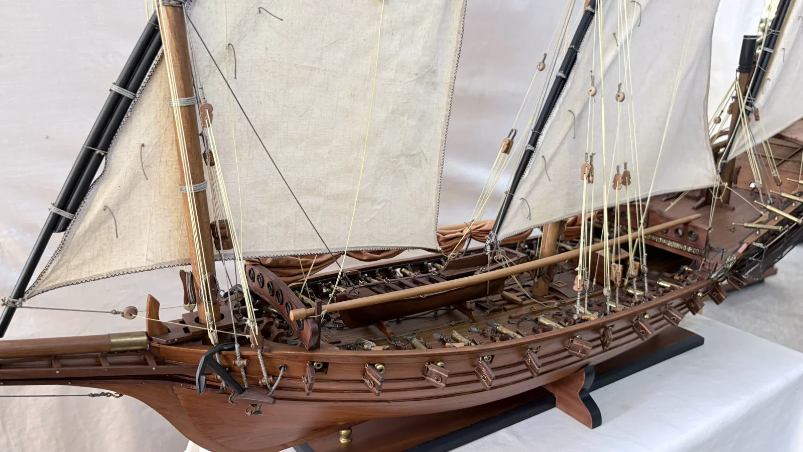 Handcrafted 1m 45cm wooden Chebec ship model replica with lateen sails and detailed deck
