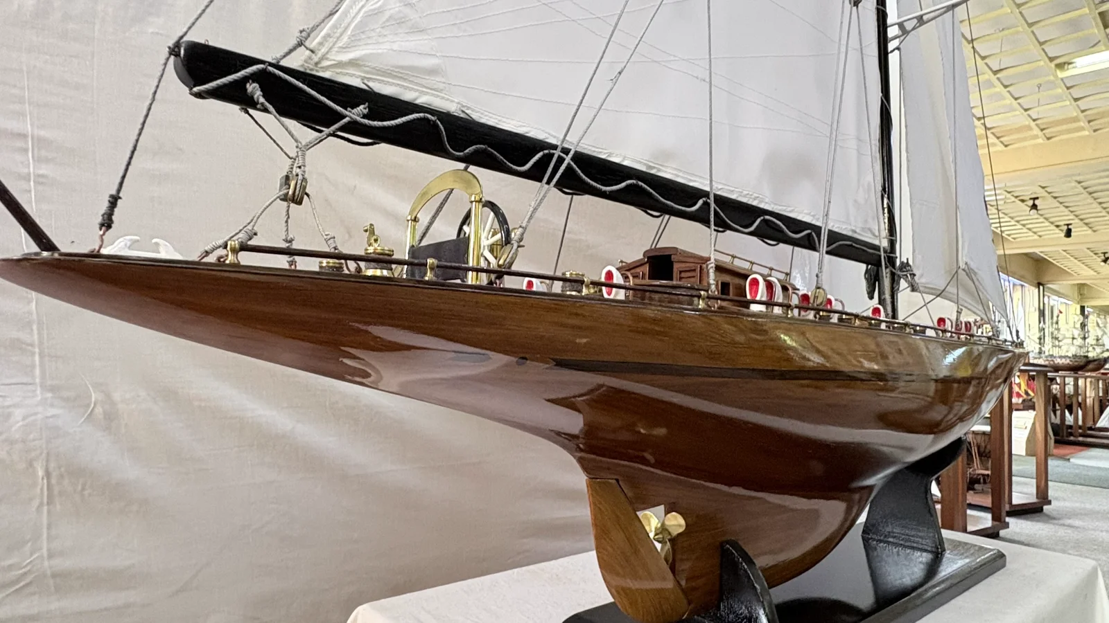 Handcrafted 1m 25cm wooden Yacht Endeavour model replica with tall rigging and sails