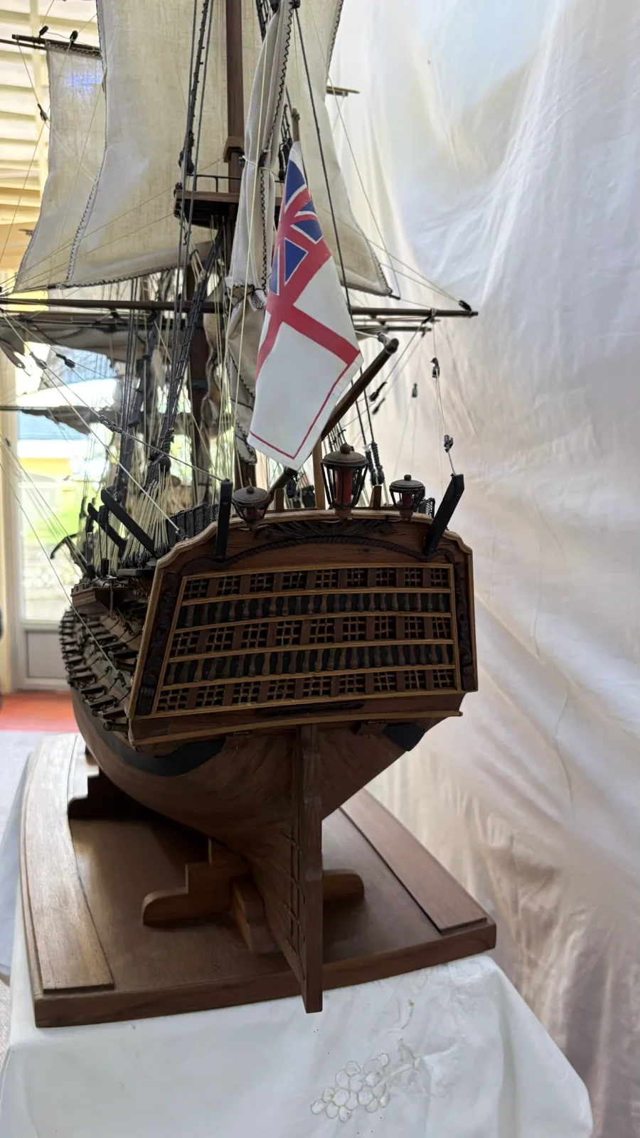 Large handcrafted 1m 50cm rosewood HMS Victory ship model replica with detailed rigging and sails